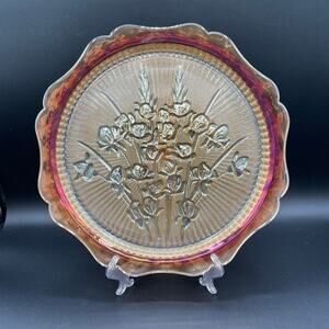 Vintage Marigold Jeanette Iris Herringbone Carnival Glass Cake Platter 12"